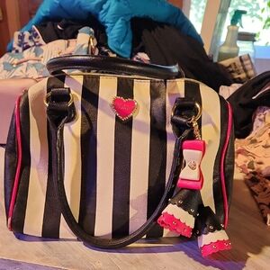 Betsey Johnson Black Satchel with Bold Stripes and Gold Accents